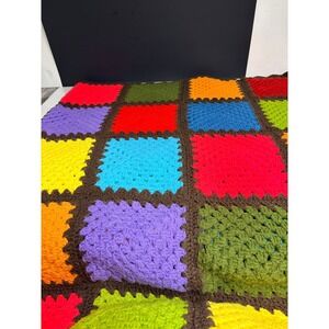 Handmade Crochet Granny Square Afghan Blanket Multicolor Rainbow Retro Throw